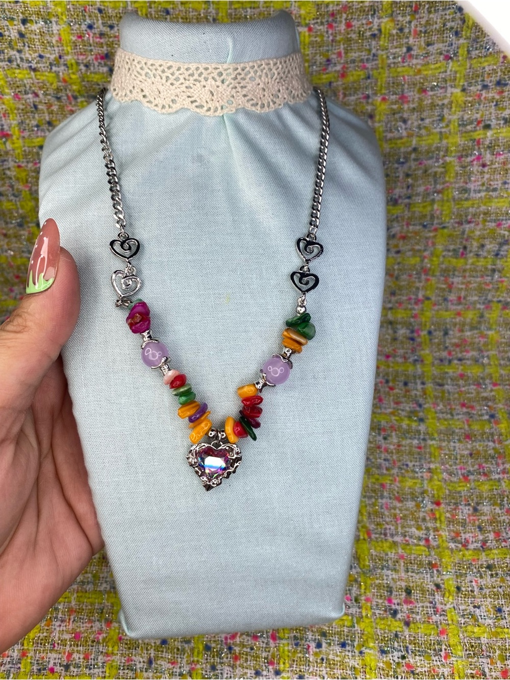 Women's Multicolor Heart Pendant Necklace - Silver Chain